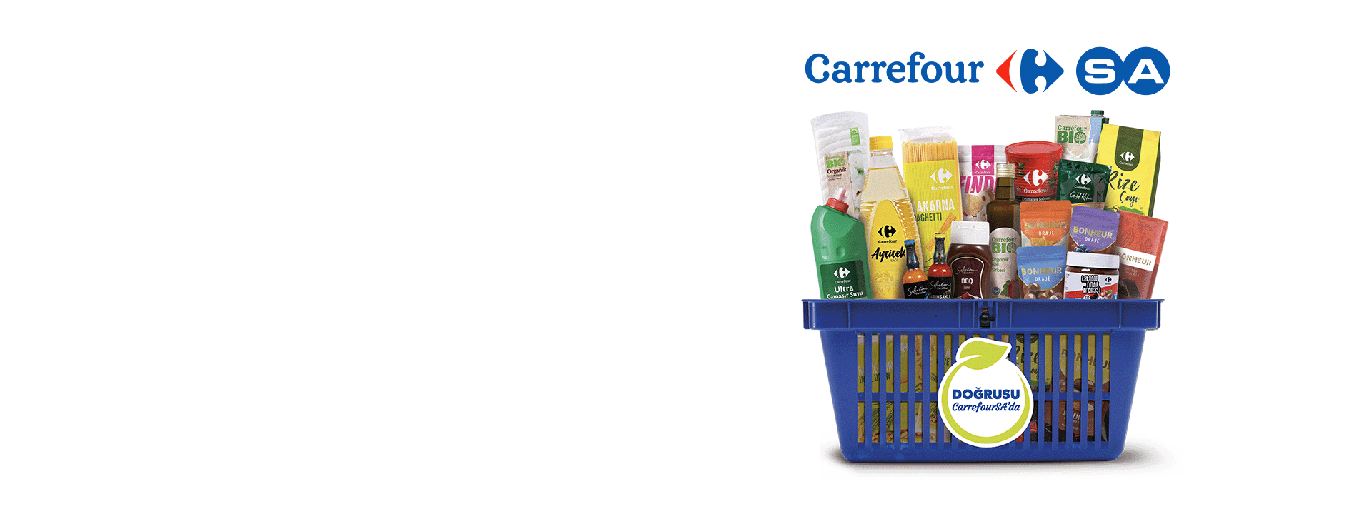 shopping basket with groceries and carrefour logo