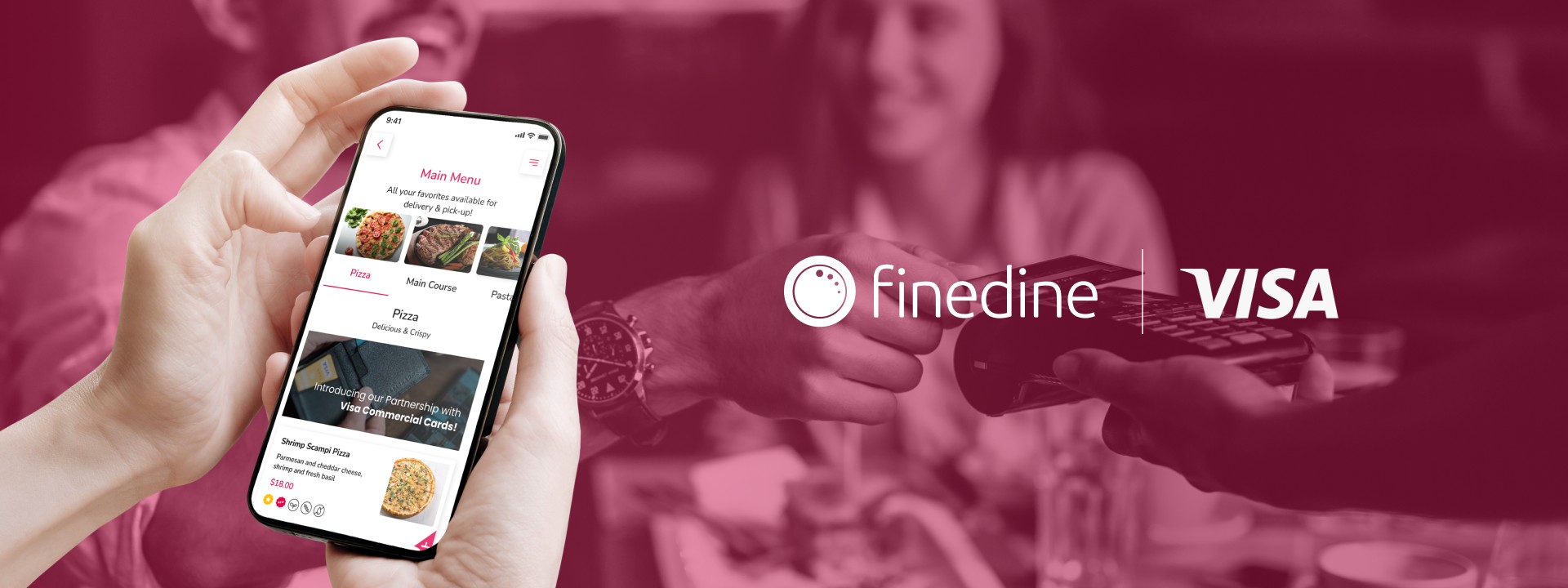 hands holding mobile with finedine app open